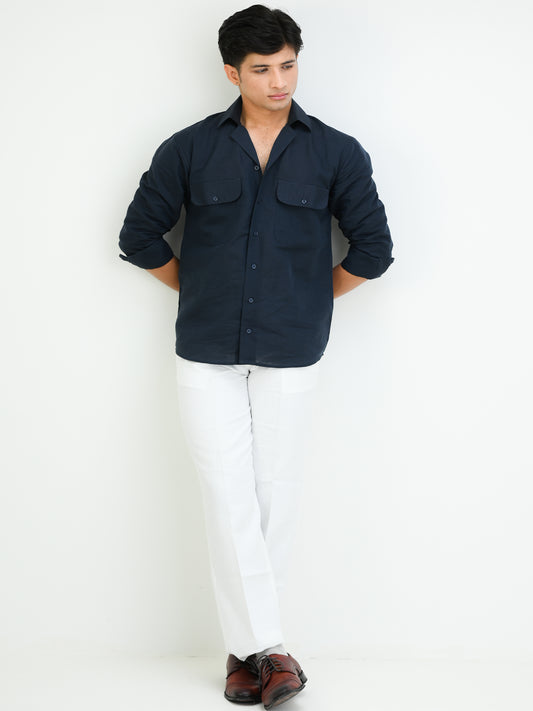Blue Cotton Linen Dual Pocket Shirt
