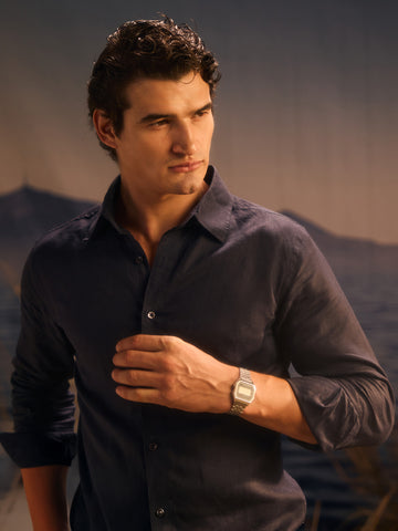 Stylish Navy Blue Formal Shirt In Linen