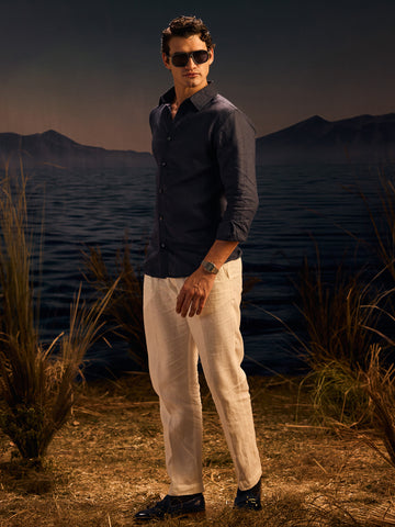 Stylish Navy Blue Formal Shirt In Linen